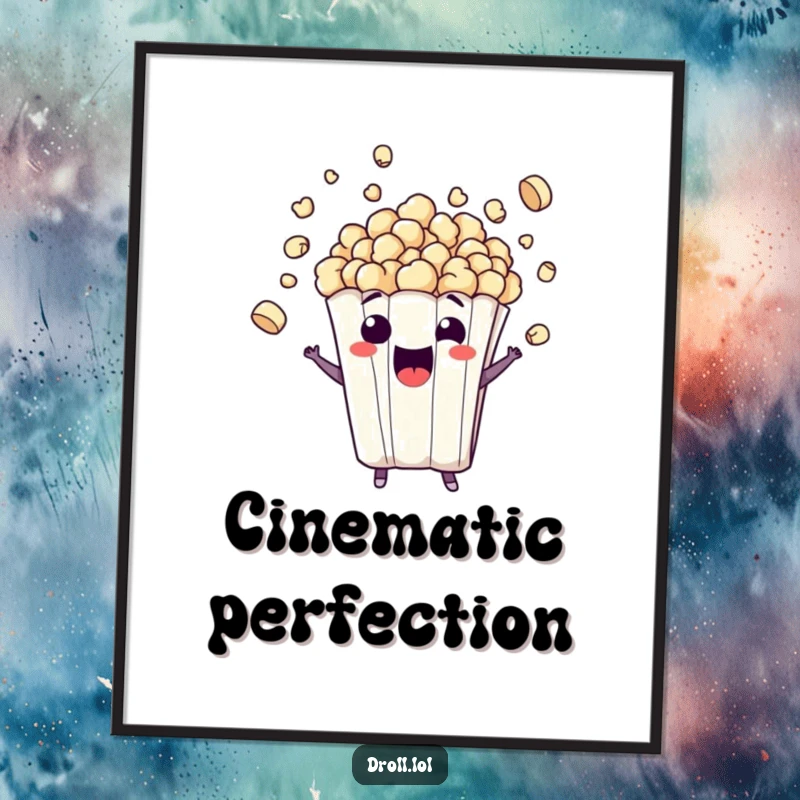 Funny digital art of a mischievous popcorn bag character bursting with excitement, kernels flying wildly, ideal funny gift.