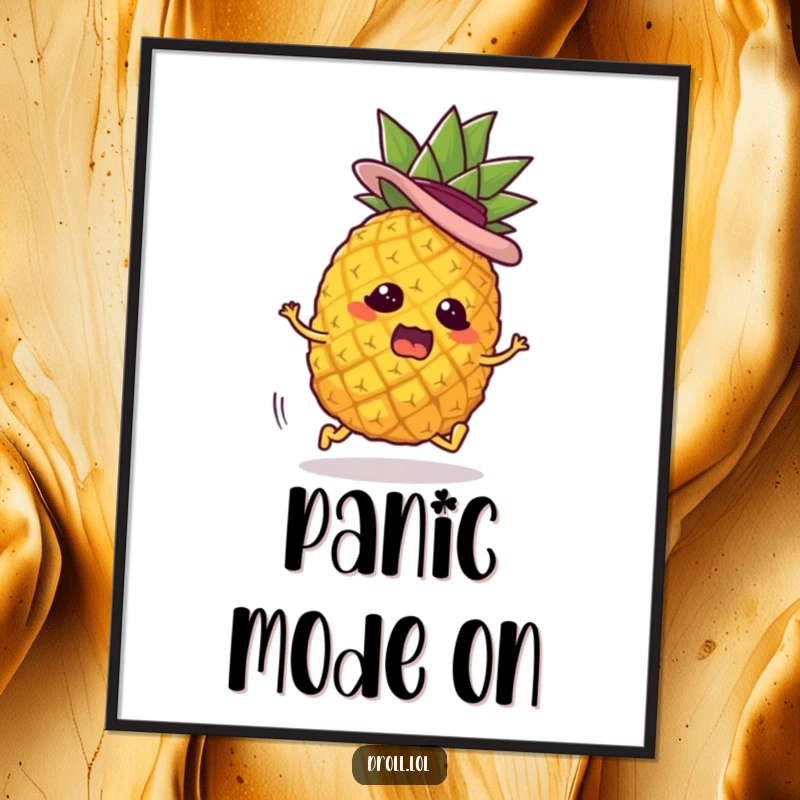 Funny digital art print of a panicked pineapple character with tiny legs and a jaunty hat, making a frantic escape. Whimsical and hilarious.