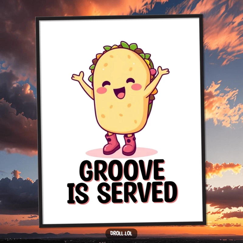 Funny digital art print of a happy taco character in boots dancing silly, perfect for vibrant decor.