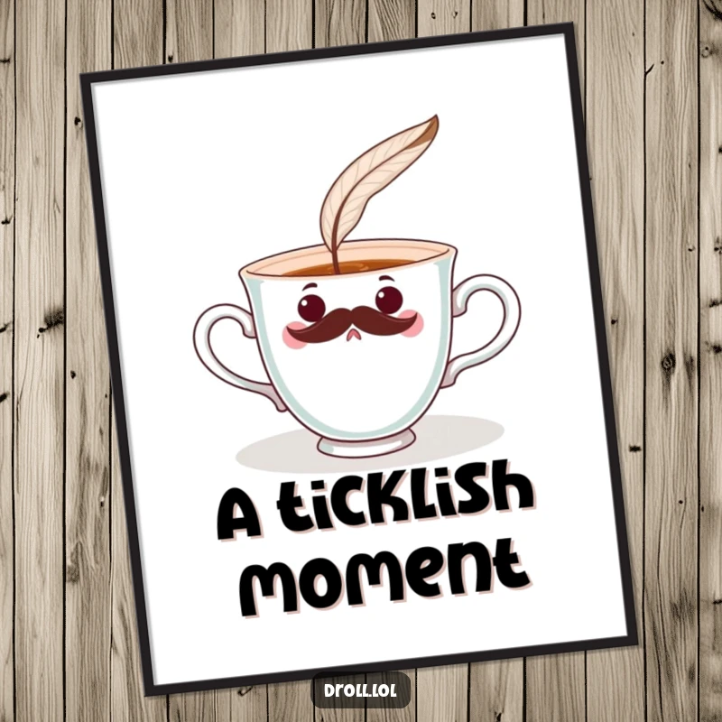 Funny surprised teacup with a mustache being tickled by a feather, presented as downloadable digital art.