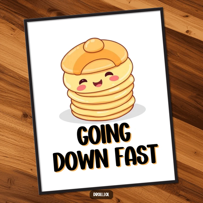 Funny Happy Pancake Digital Art: A high-resolution printable of a happy pancake comically tumbling off a stack, full of breakfast fun.