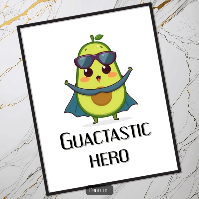 Funny digital art print: A surprised avocado wearing a cape, ready for heroic duty, bringing healthy humor to your screen.