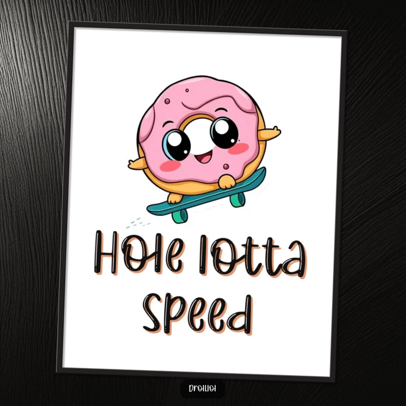 Funny, cheerful donut with big eyes skateboarding downhill, high-resolution digital art print, ideal for humorous wall decor downloads.