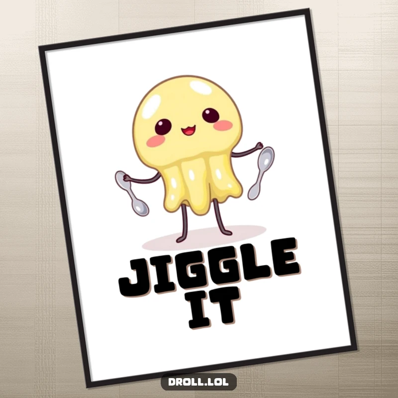 Funny Digital Art Print: A wobbly jelly comically juggling three tiny spoons. Whimsical and humorous art.