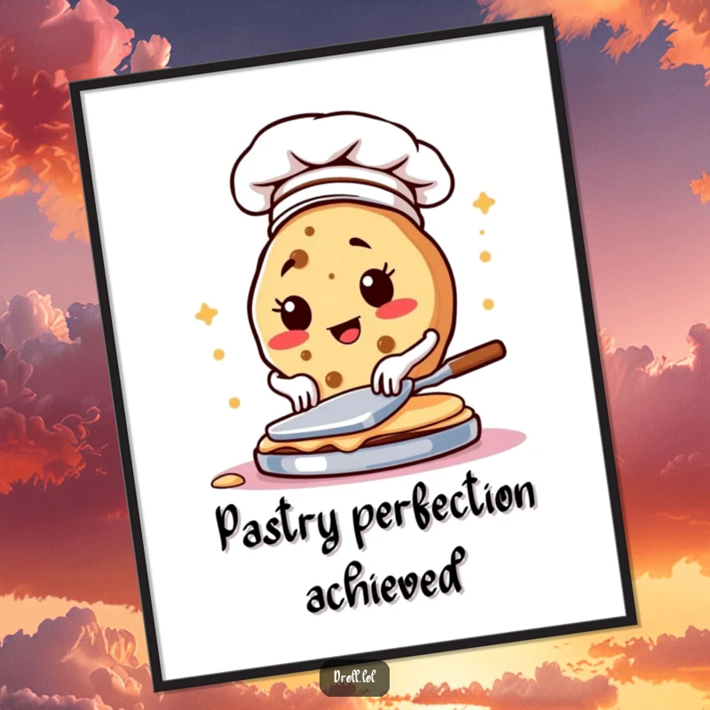 Funny digital art print of a determined cookie chef flipping pancakes, ready for instant download.