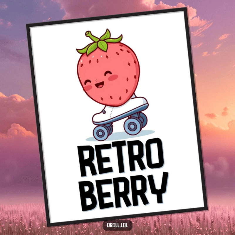 Funny strawberry digital art print of a blushing strawberry riding backwards on a roller skate, evoking retro fun.