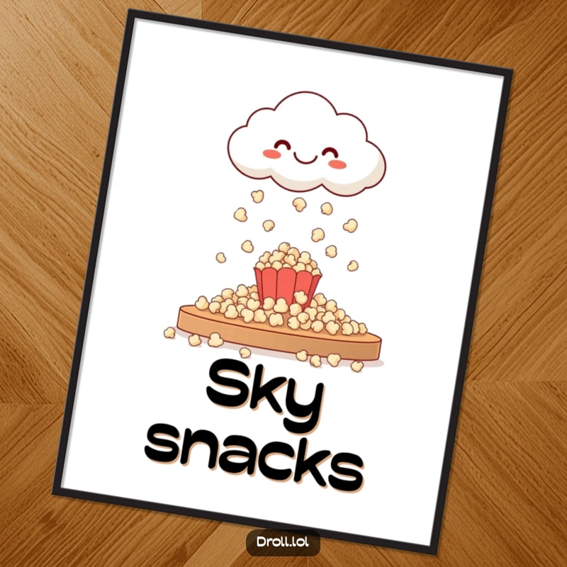 Funny digital art: a happy cloud raining popcorn, capturing a moment of whimsical delight and abundant snacks for instant joy.