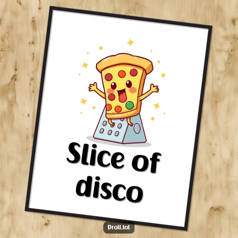 Funny digital art print: A pizza slice energetically disco dancing on a cheese grater, bringing vibrant, humorous energy.