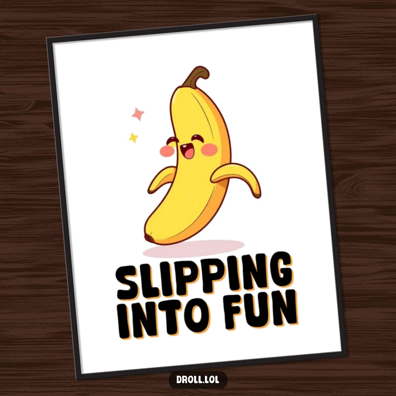 Funny Banana Slip Digital Art: A giggling banana peel comically slips on itself, a humorous and vibrant digital artwork for instant download.