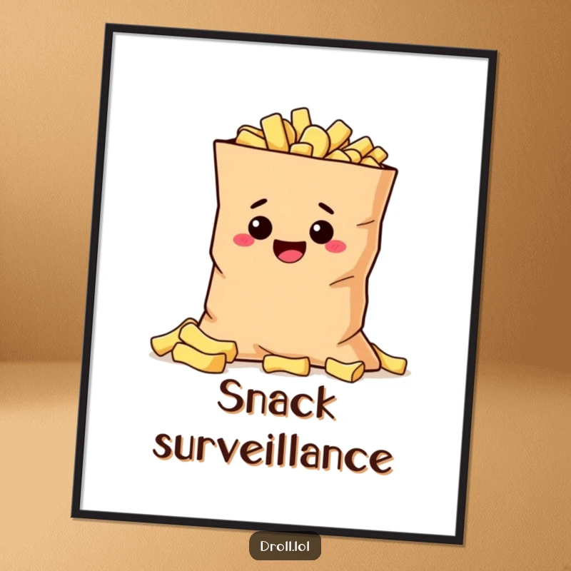 Funny mischievous potato hiding behind a large bag of chips, available as a high-resolution digital art print.