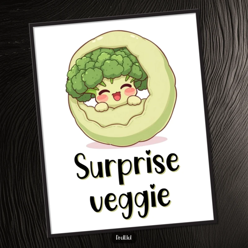 Funny giggling broccoli hiding within a larger, surprised vegetable as a digital art print, offering instant humorous wall decor.