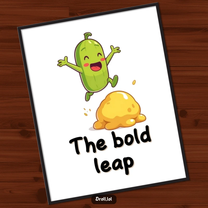 Funny energetic pickle character heroically jumping over a mustard blob in a digital art print.
