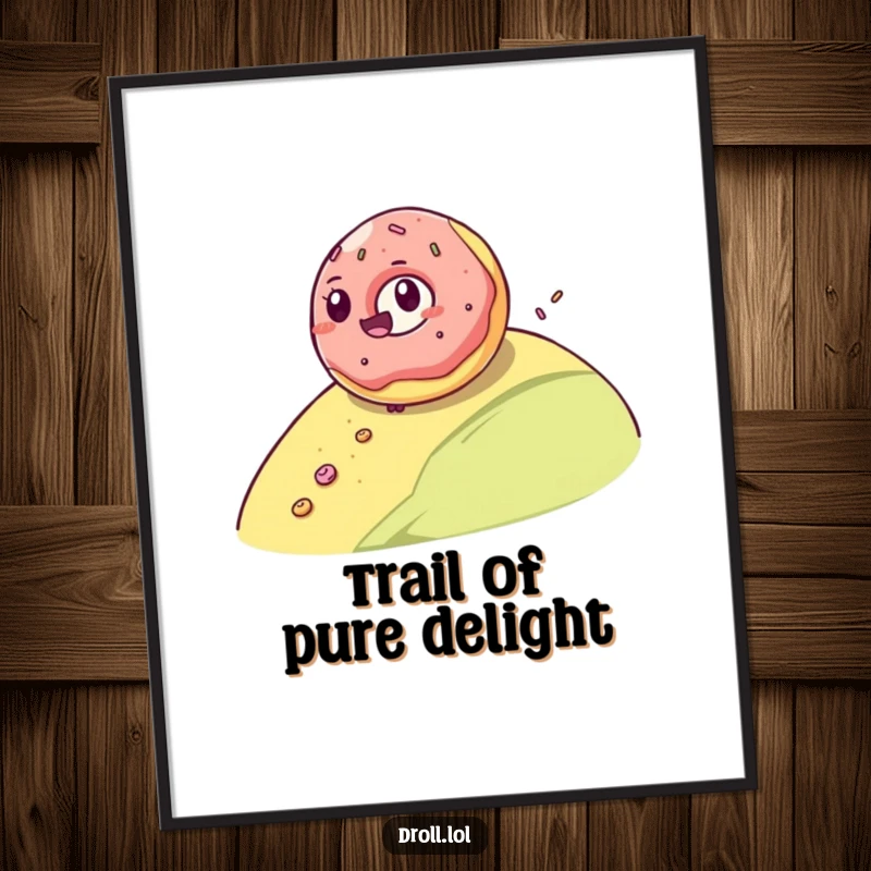 Funny digital art print of a giggling jelly donut rolling downhill, leaving a sugary trail, a whimsical and sweet visual.