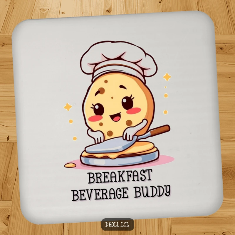 Funny drink coasters featuring a determined cookie chef flipping pancakes, adding kitchen charm.