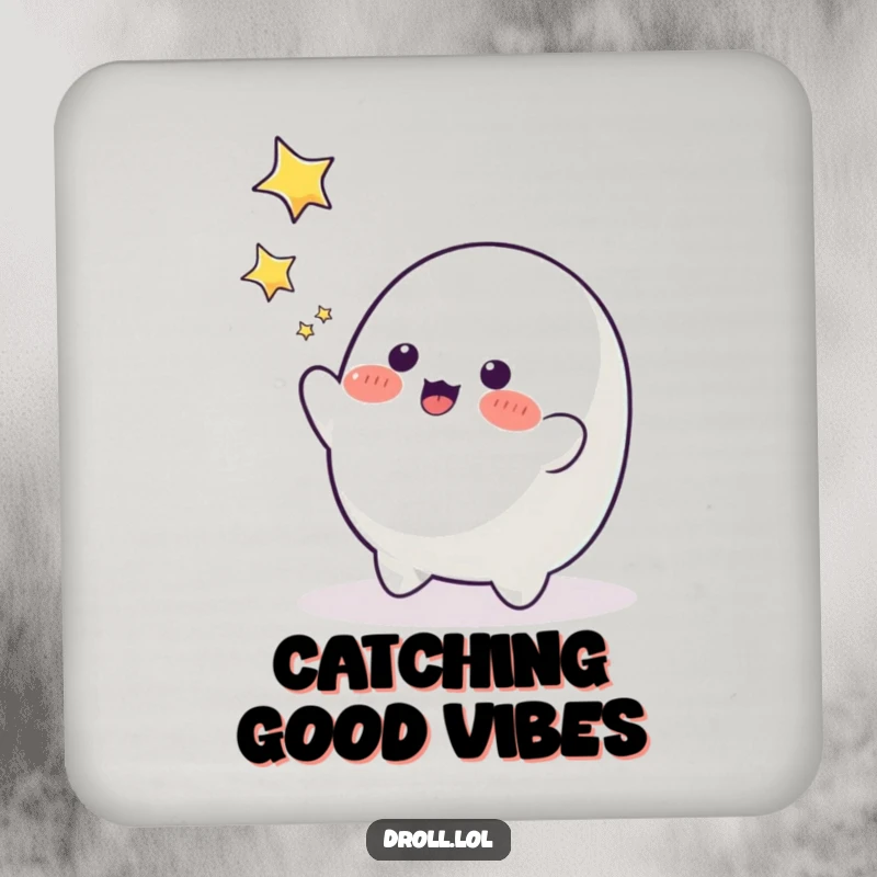 Funny blob character reaching for falling stars, a humorous drink coaster for cosmic flair.