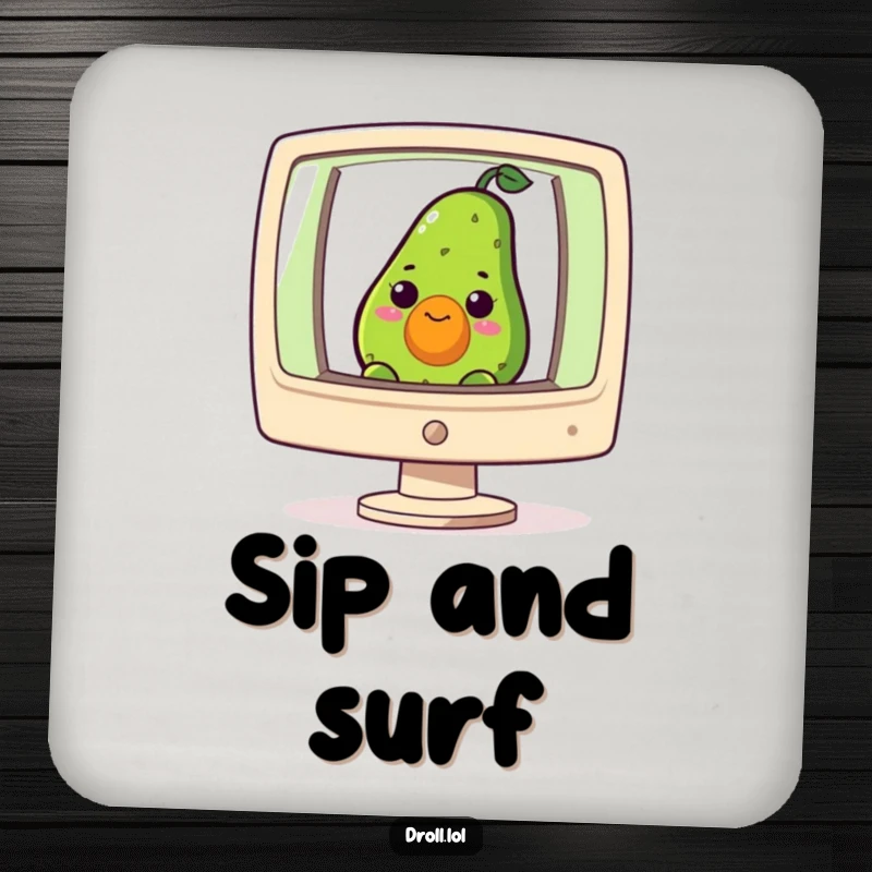 Funny drink coasters featuring a curious avocado peeking from a computer screen, for humorous tech protection.