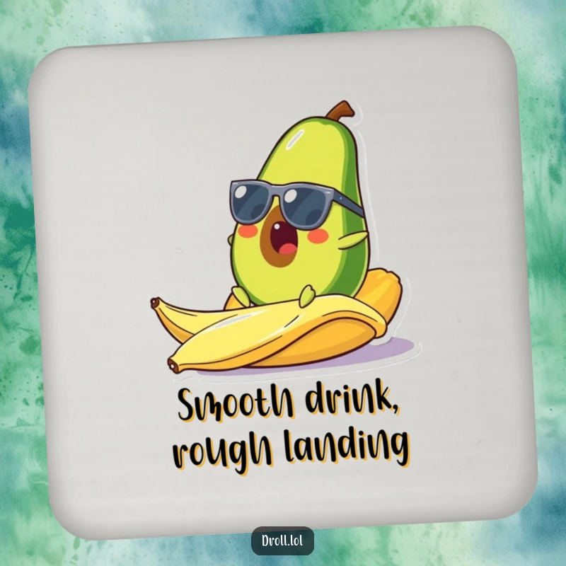 Funny drink coaster featuring a surprised avocado in sunglasses slipping on a banana peel, protecting surfaces with comical style and charm.