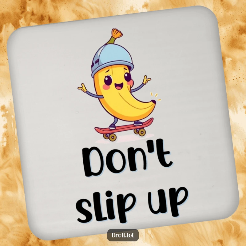 Funny Coaster: A happy banana peel wearing a helmet rides a skateboard. Humorous protection for drinks.