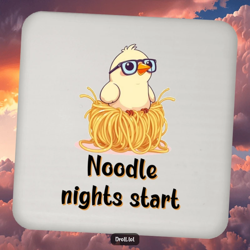 Funny drink coaster showing a bird with glasses humorously attempting nest building with oversized spaghetti.