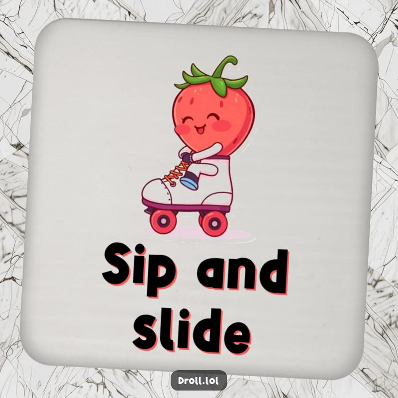 Funny Coaster: A blushing strawberry riding a roller skate backwards. Retro and humorous surface protection.