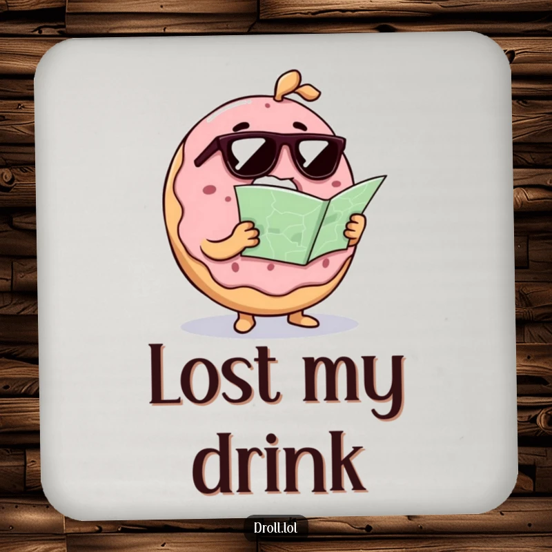 Funny confused donut wearing sunglasses and a map on a drink coaster, a humorous and protective accessory for your beverages.