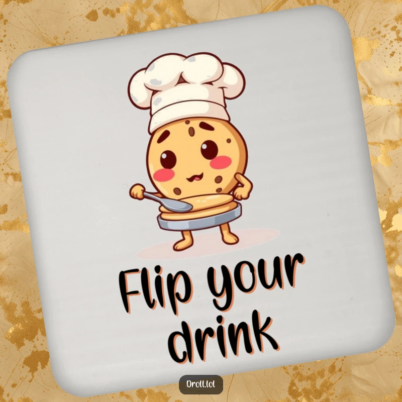 Funny cookie chef flipping pancakes, a humorous drink coaster for kitchen enthusiasts.