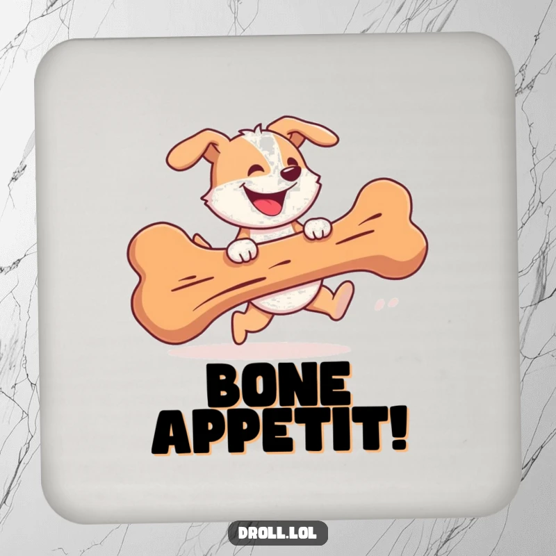 Funny Drink Coasters showcasing a cheerful dog gleefully chasing a giant bone with a silly grin, protecting surfaces.