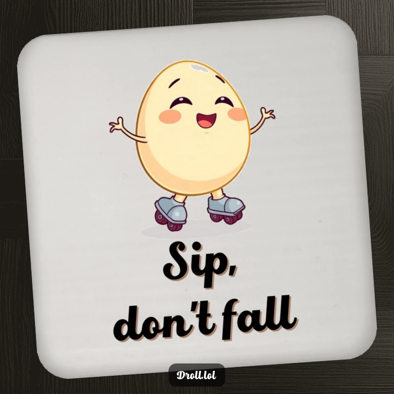 Funny coaster set showing a giggling egg on roller skates comically falling, bringing clumsy fun to your beverages.