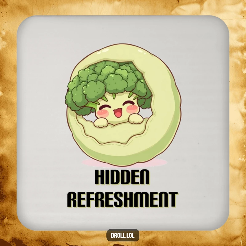 Funny giggling broccoli hiding inside a surprised vegetable on a drink coaster, a humorous and protective accessory for beverages.