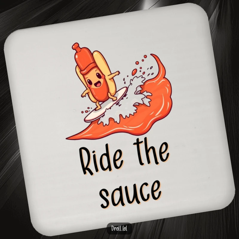 Funny hot dog character surfing a ketchup wave, designed on a drink coaster to add a humorous element to any surface.