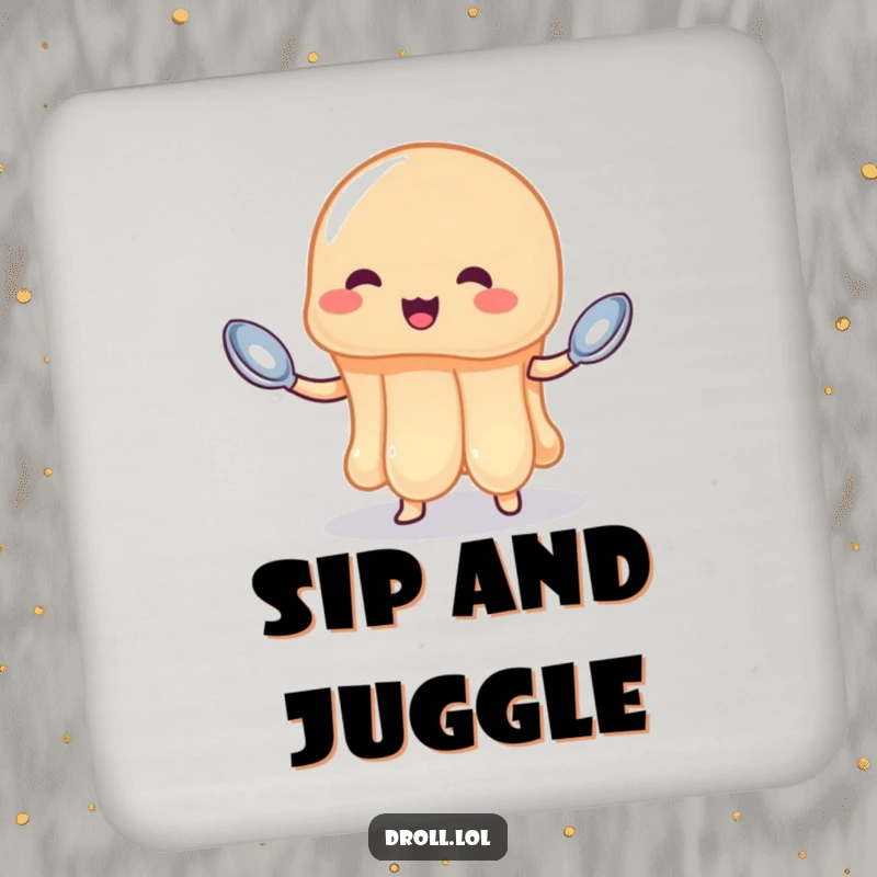 Funny jelly coasters featuring a wobbly jelly attempting to juggle spoons, adding sweet, chaotic humor.