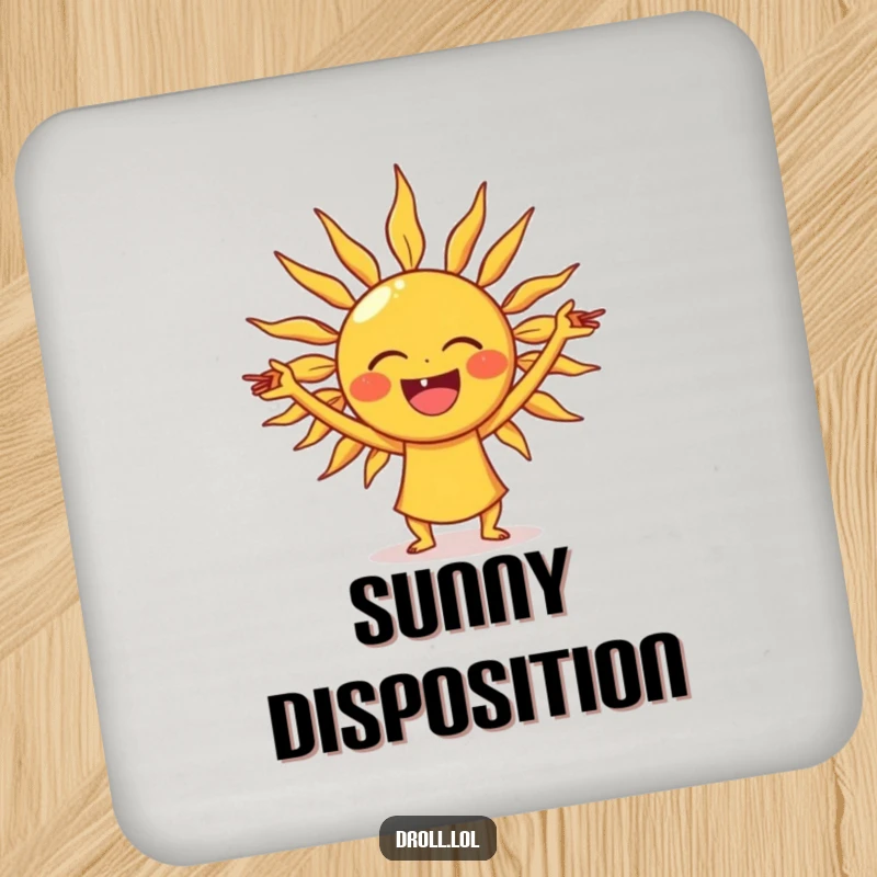 Funny laughing sun drink coaster set, protecting surfaces with humor, featuring a sun stretching its rays.