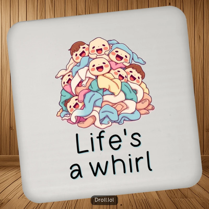 Funny laundry pile drink coaster featuring clean clothes with happy faces tumbling joyfully, offering stylish surface protection.