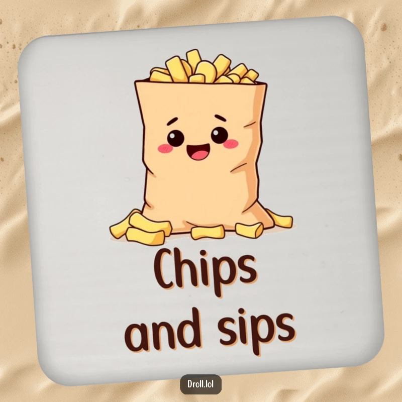 Funny mischievous potato hiding behind a giant bag of chips, featured on a humorous and protective drink coaster.
