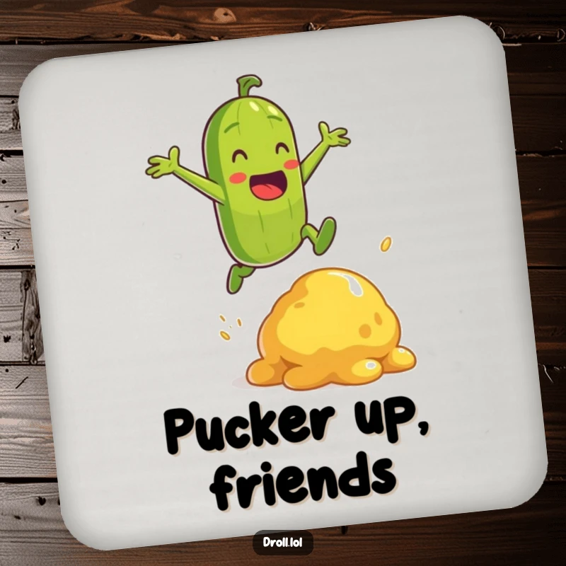 Funny energetic pickle character jumping over a mustard blob on a coaster, adding action and humor.