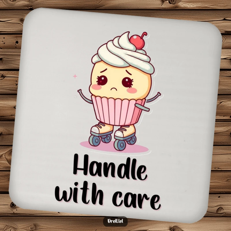Funny drink coaster showing a bewildered cupcake wearing roller skates, about to fall, adding a touch of humor.