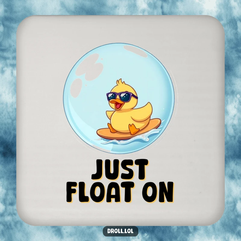 Funny rubber duck with sunglasses surfing a bubble, a humorous coaster to protect surfaces from drinks.