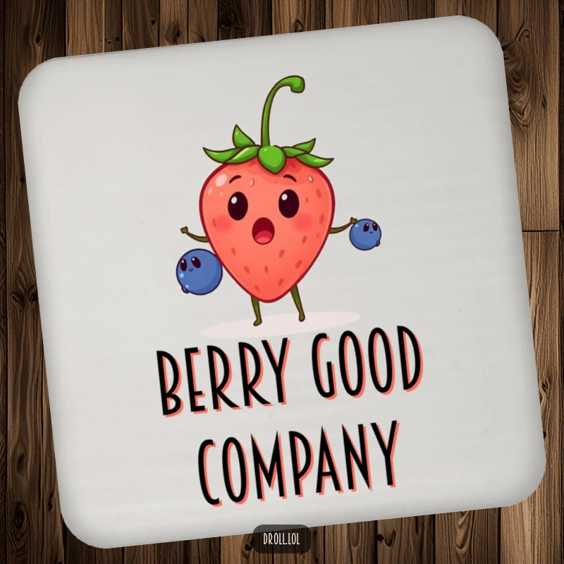 Funny drink coaster showing a surprised strawberry juggling small blueberries, adding a humorous and fruity touch to any setting.