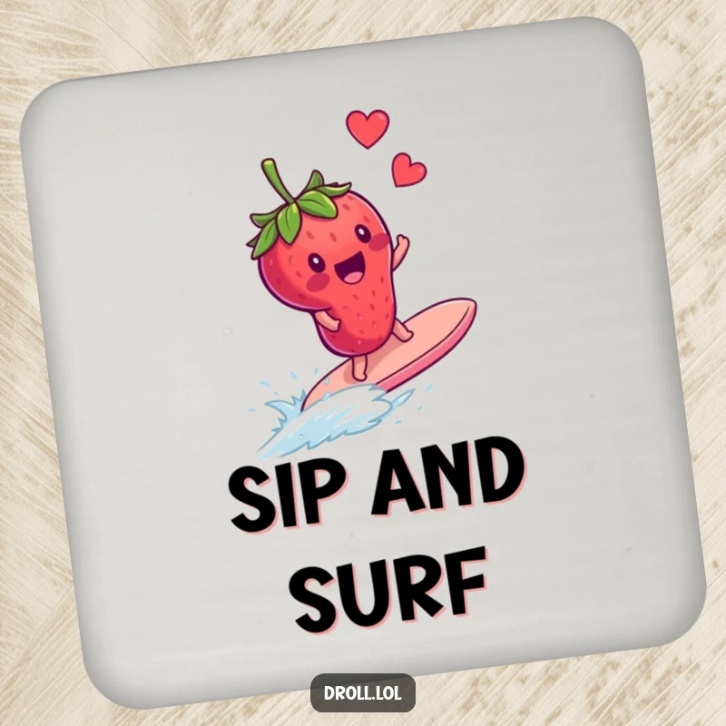 Funny coaster set showing a delighted strawberry bravely surfing a runaway blueberry, adding a splash of humor to your drinks.