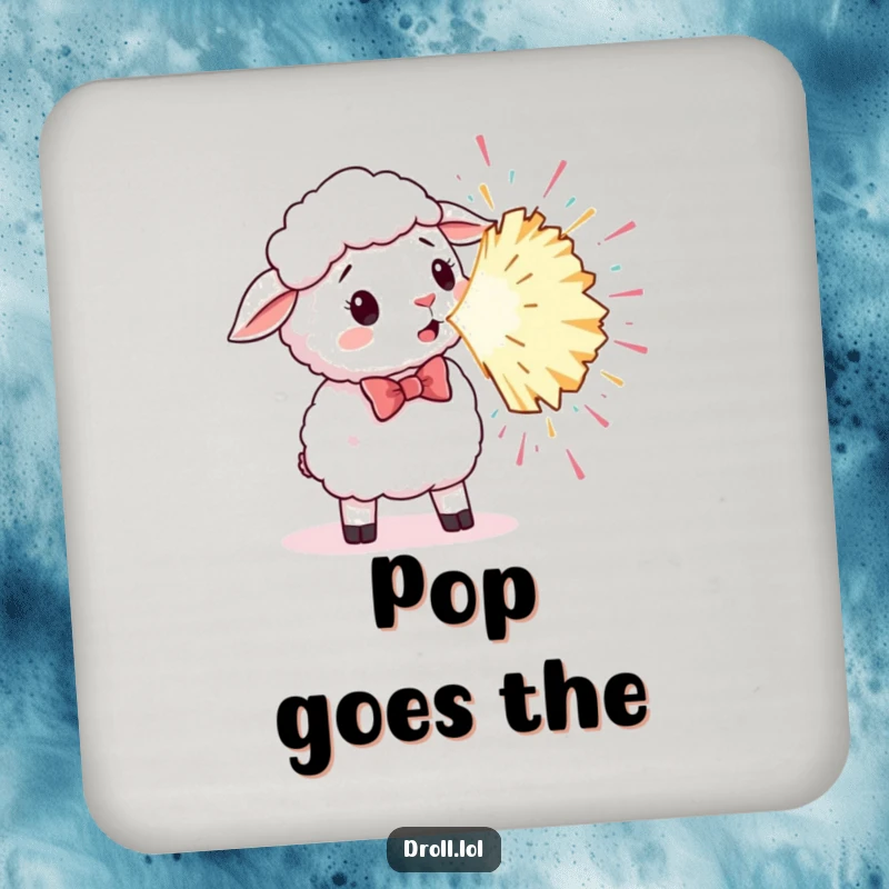 Funny drink coaster showing a sheep in a bowtie surprised by a giant, exploding party popper.