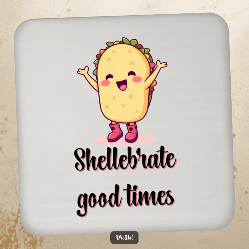 Funny drink coaster with a happy taco character in boots dancing silly, protecting surfaces with humor.