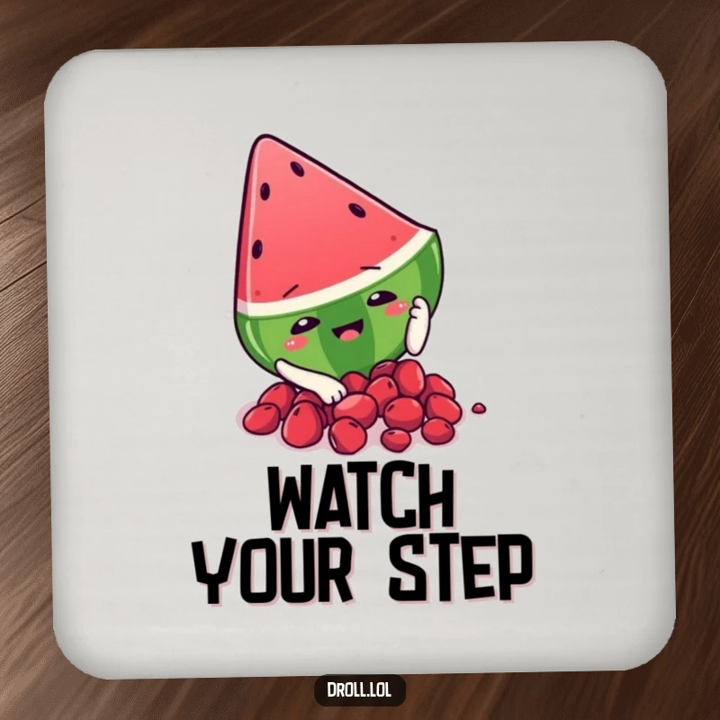 Funny watermelon slice character slipping on its seeds, designed on a drink coaster for a humorous and protective touch.