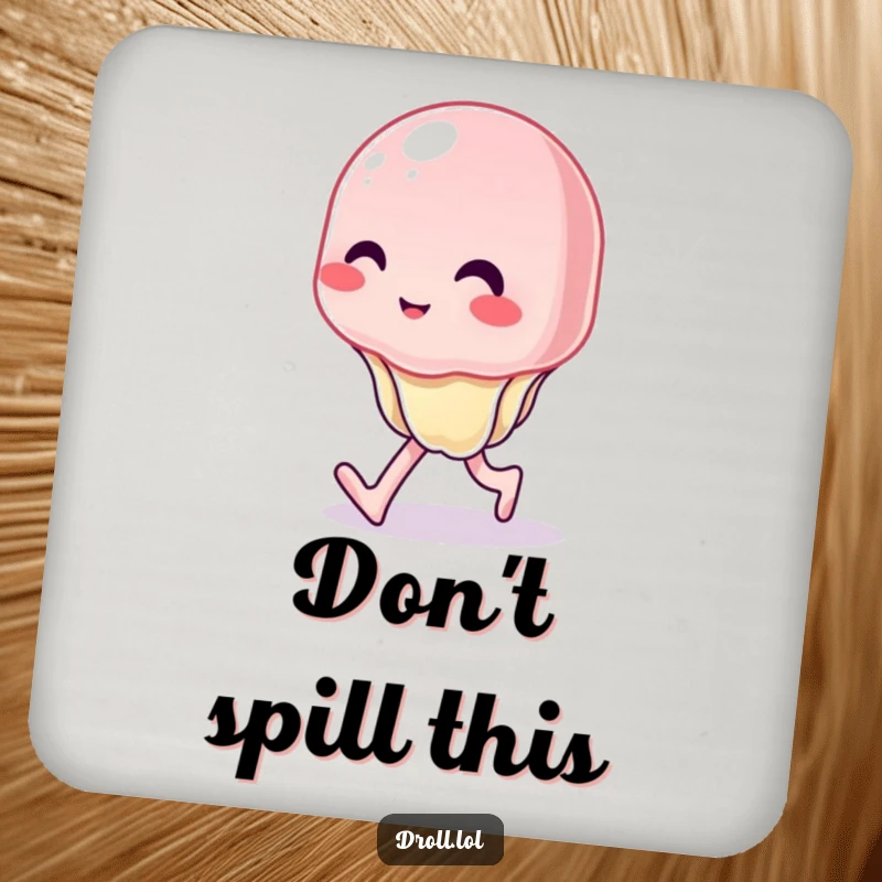 Funny drink coaster featuring a wobbly jelly character in a hilariously uncontrolled wiggle, protecting surfaces with humor.