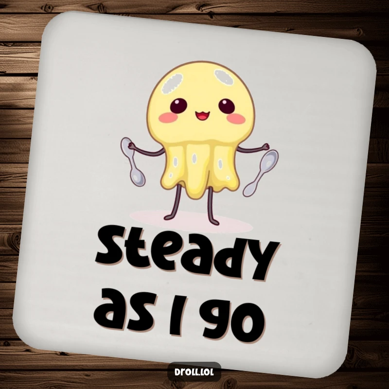 Funny Coaster: A wobbly jelly juggling three spoons. Humorous protection for drinks.