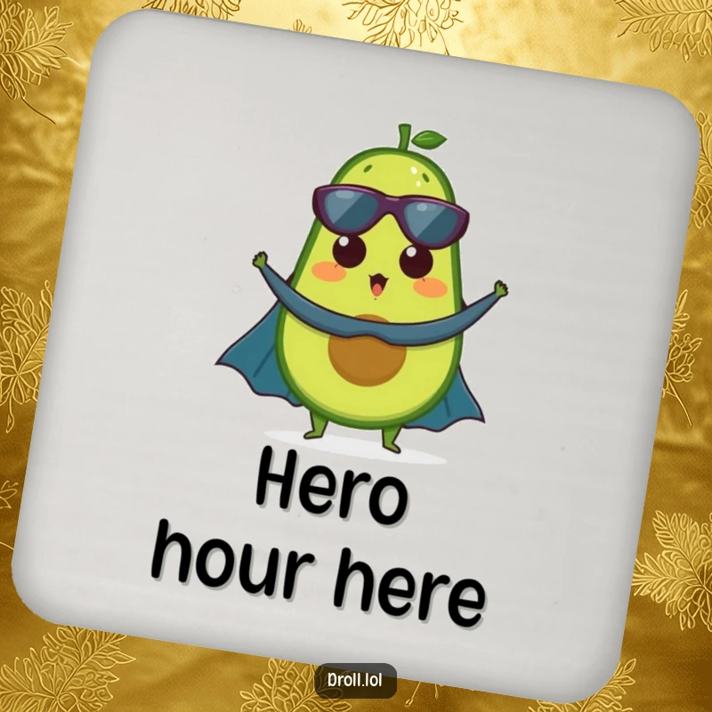 Funny coaster: A surprised avocado in a superhero cape, ready to protect surfaces with healthy, humorous flair.