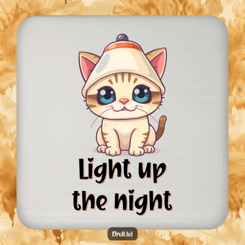Funny Drink Coasters showcasing a mischievous cat comically wearing a lampshade hat with wide eyes, protecting surfaces.