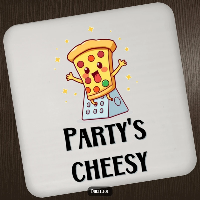 Funny coaster: A pizza slice disco dancing on a cheese grater, providing humorous protection for drink surfaces.