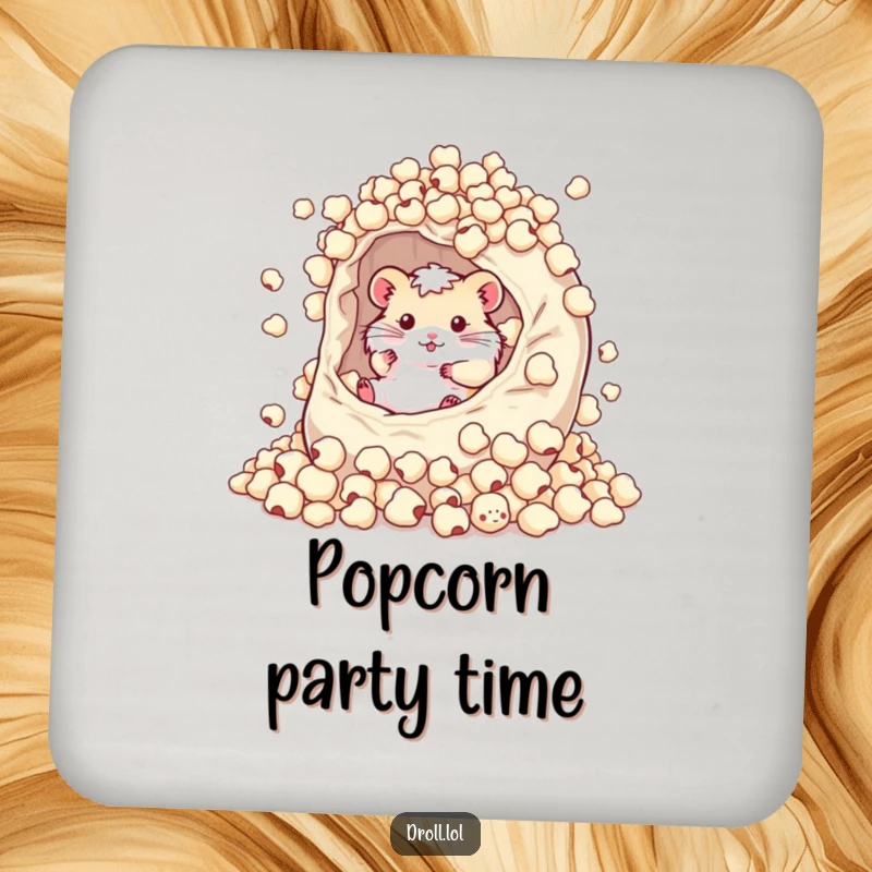 Funny drink coaster featuring a happy hamster rolling in a giant, overflowing bag of popcorn kernels, bringing snack humor.