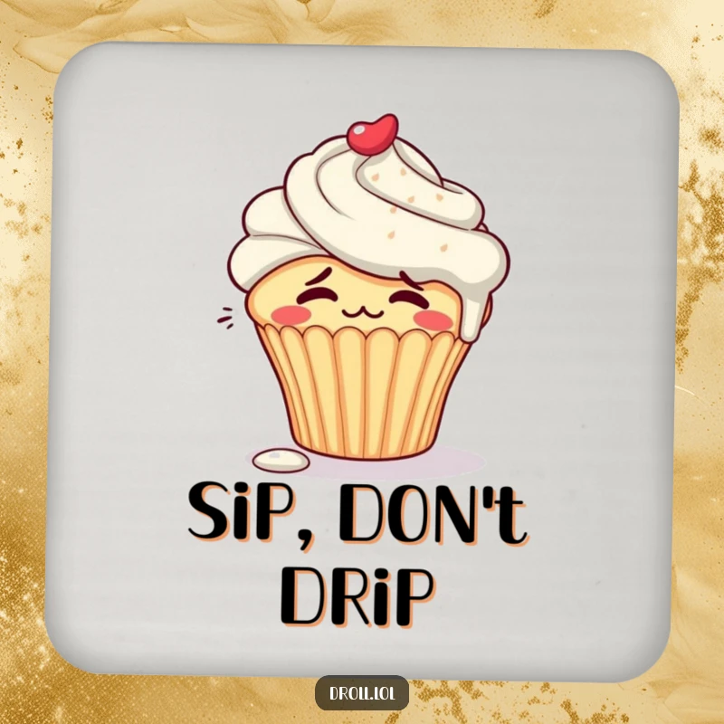 Funny embarrassed cupcake character blushing with frosting dripping down its side on a coaster.