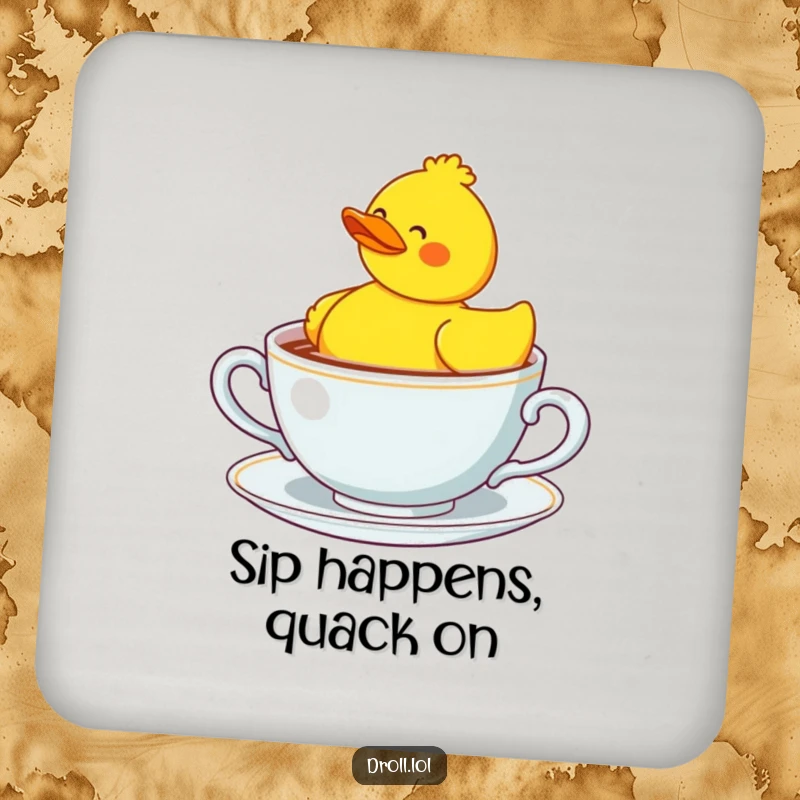 Funny rubber duck confused in a giant teacup, a humorous drink coaster for conversation.